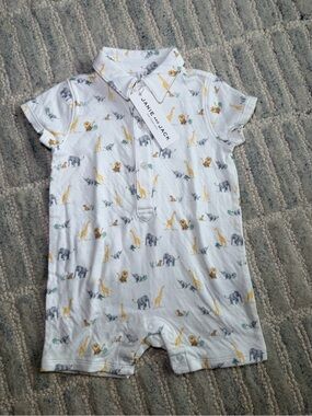 Janie and Jack White Safari Animal Polo Romper with Yellow & Gray Accents